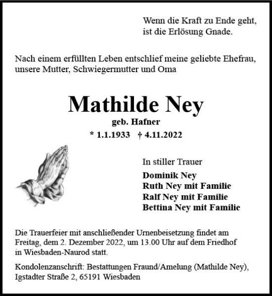Traueranzeige von Mathilde Ney von vrm-trauer Wiesbadener Kurier