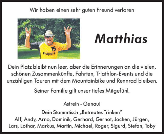 Traueranzeige von Matthias  von vrm-trauer DieburgerAnzeiger/Groß-Zimmerner Lokala