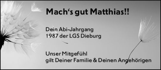 Traueranzeige von Matthias  von vrm-trauer DieburgerAnzeiger/Groß-Zimmerner Lokala