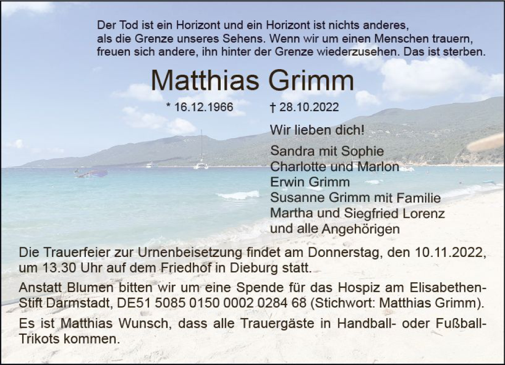  Traueranzeige für Matthias Grimm vom 05.11.2022 aus vrm-trauer DieburgerAnzeiger/Groß-Zimmerner Lokala