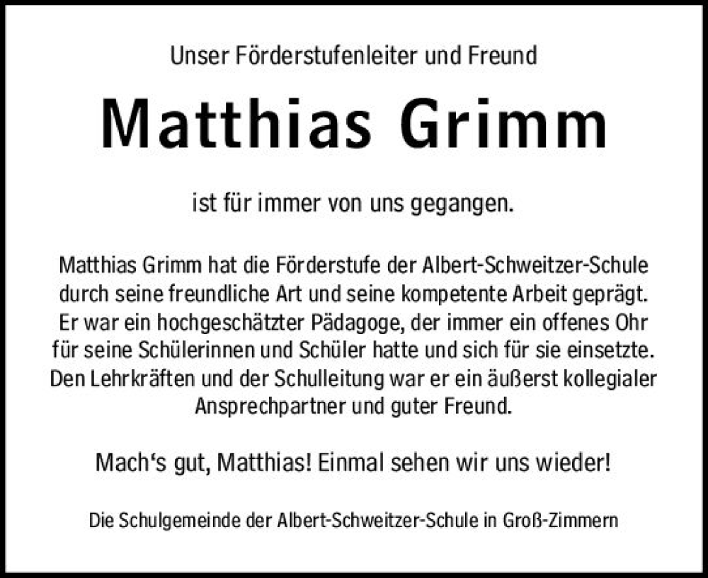  Traueranzeige für Matthias Grimm vom 08.11.2022 aus vrm-trauer DieburgerAnzeiger/Groß-Zimmerner Lokala
