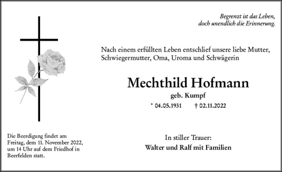 Traueranzeige von Mechthild Hofmann von vrm-trauer Odenwälder Echo