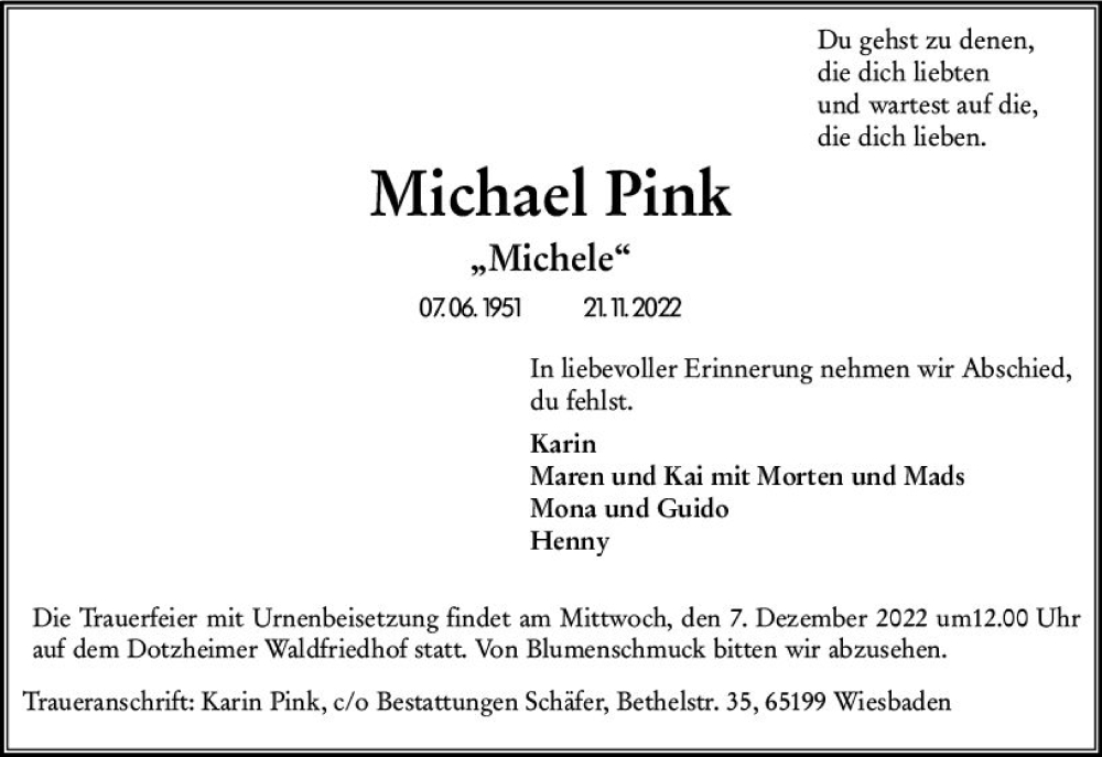  Traueranzeige für Michael Pink vom 26.11.2022 aus vrm-trauer Wiesbadener Kurier
