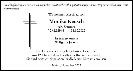 Traueranzeige von Monika Keusch von vrm-trauer AZ Mainz