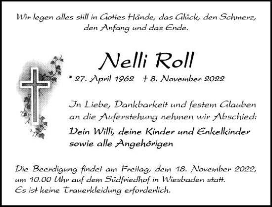 Traueranzeige von Nelli Roll von vrm-trauer Wiesbadener Kurier