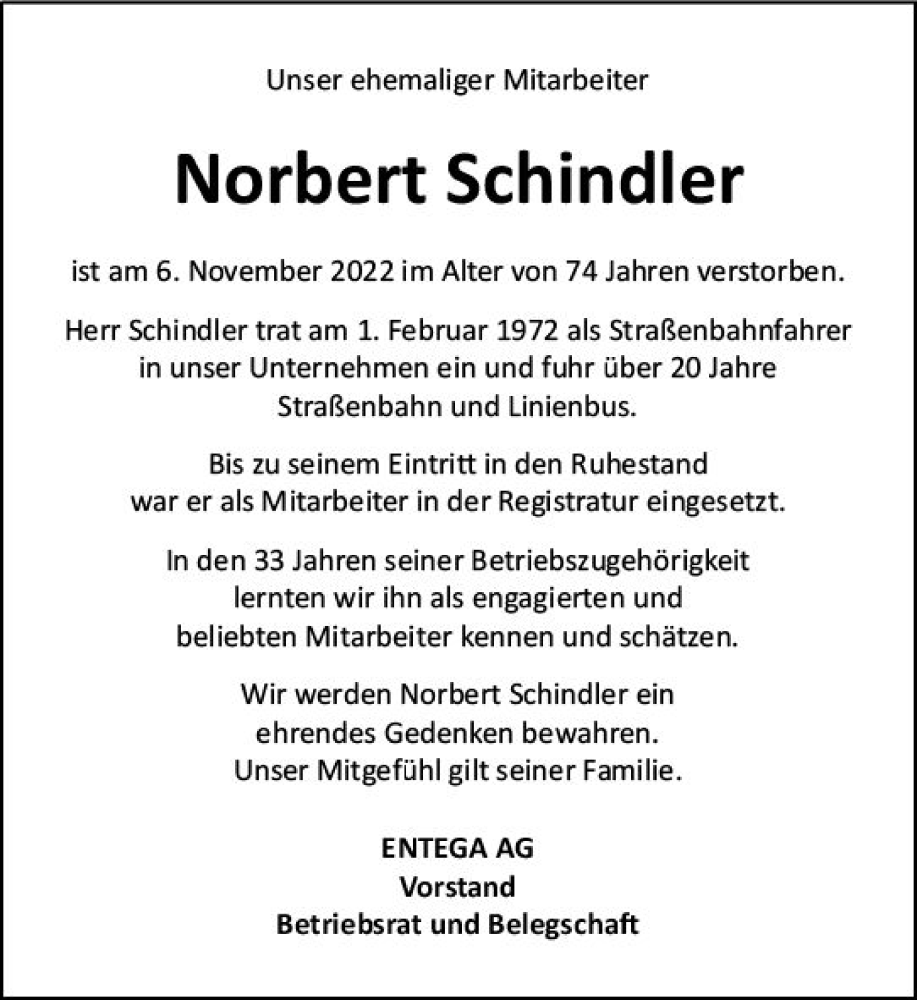  Traueranzeige für Norbert Schindler vom 26.11.2022 aus vrm-trauer Odenwälder Echo