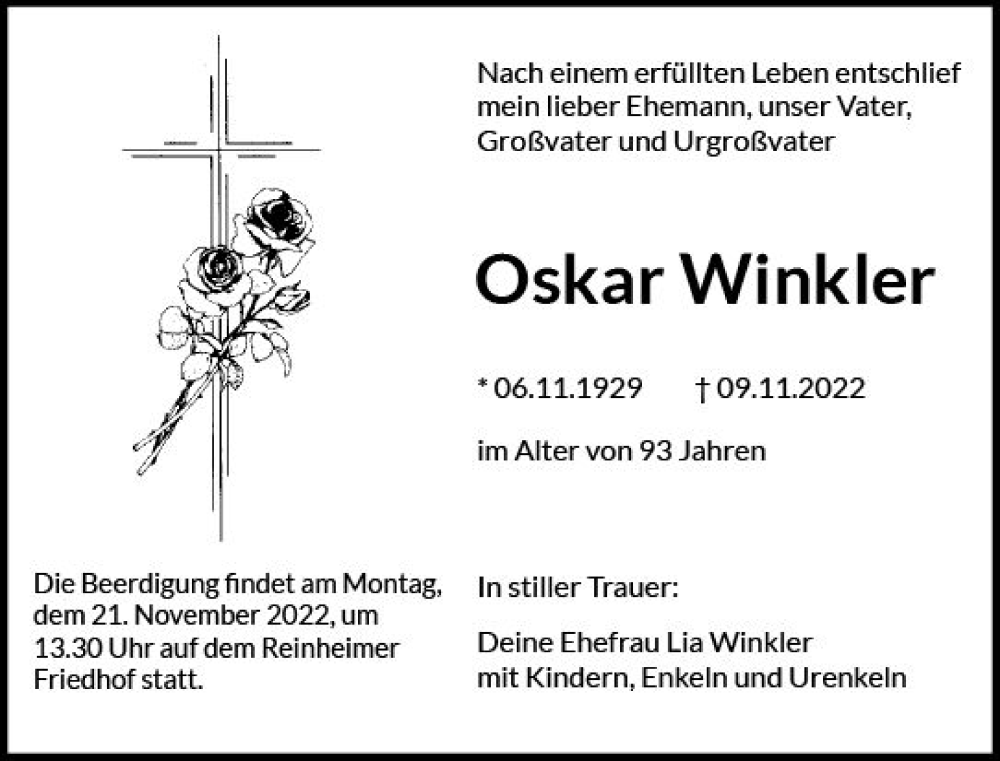  Traueranzeige für Oskar Winkler vom 12.11.2022 aus vrm-trauer Darmstädter Echo