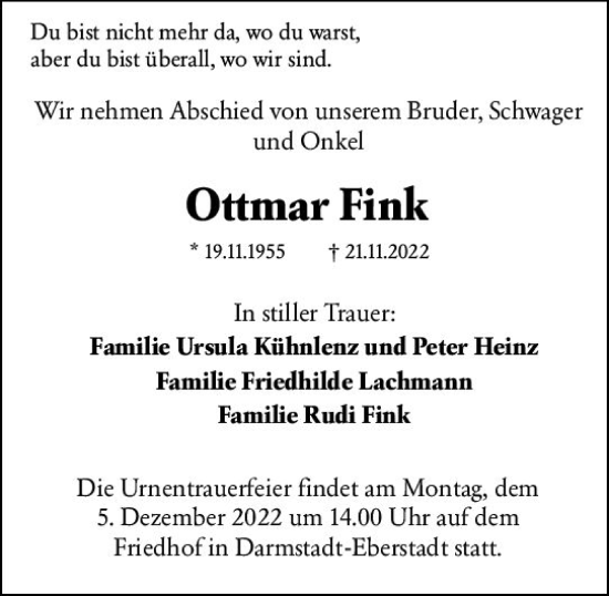 Traueranzeige von Ottmar Fink von vrm-trauer Darmstädter Echo