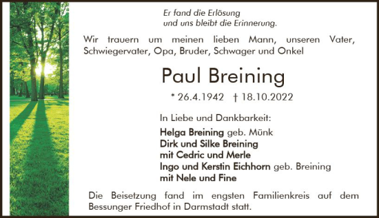 Traueranzeige von Paul Breining von vrm-trauer Darmstädter Echo