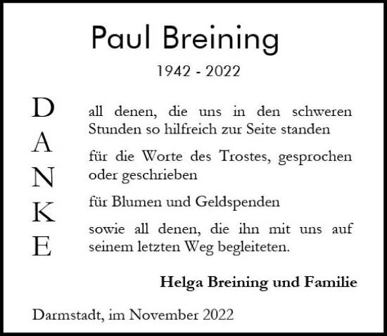 Traueranzeige von Paul Breining von vrm-trauer Darmstädter Echo