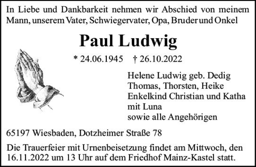  Traueranzeige für Paul Ludwig vom 12.11.2022 aus vrm-trauer Wiesbadener Kurier