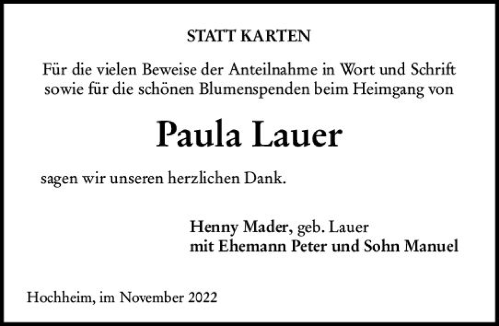  Traueranzeige für Paula Lauer vom 18.11.2022 aus vrm-trauer Hochheimer Zeitung