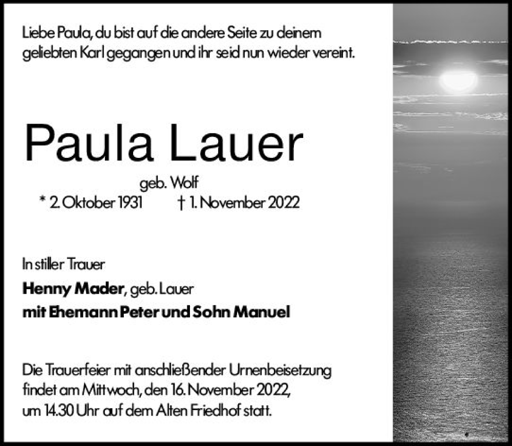  Traueranzeige für Paula Lauer vom 11.11.2022 aus vrm-trauer Hochheimer Zeitung