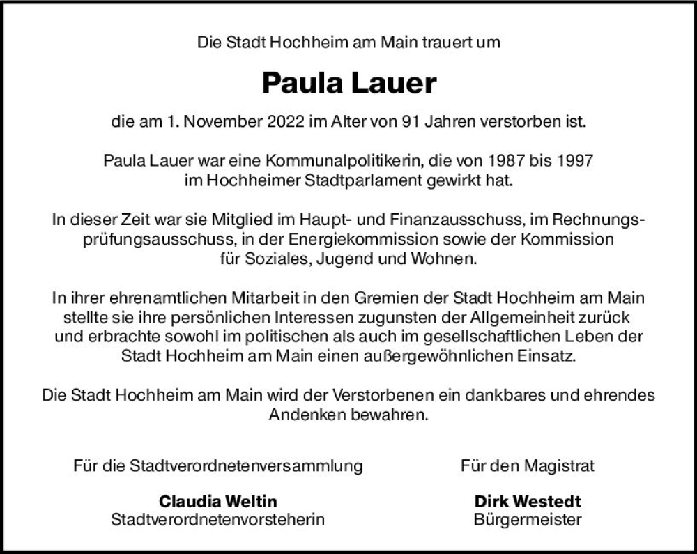  Traueranzeige für Paula Lauer vom 11.11.2022 aus vrm-trauer Hochheimer Zeitung