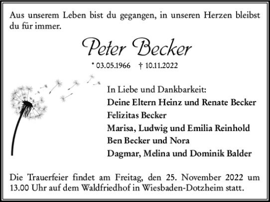 Traueranzeige von Peter Becker von vrm-trauer Wiesbadener Kurier