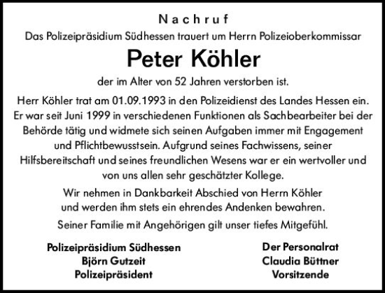 Traueranzeige von Peter Köhler von vrm-trauer Groß-Gerauer Echo