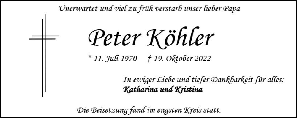  Traueranzeige für Peter Köhler vom 05.11.2022 aus vrm-trauer Darmstädter Echo