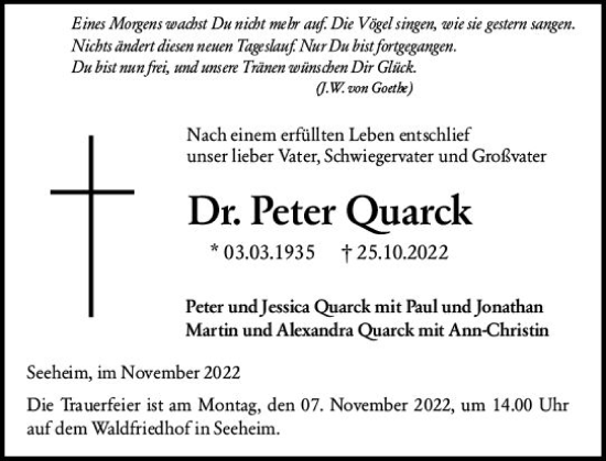 Traueranzeige von Peter Quarck von vrm-trauer Darmstädter Echo