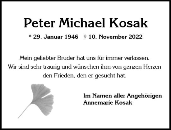 Traueranzeige von Peter Michael Kosak von vrm-trauer Wiesbadener Kurier