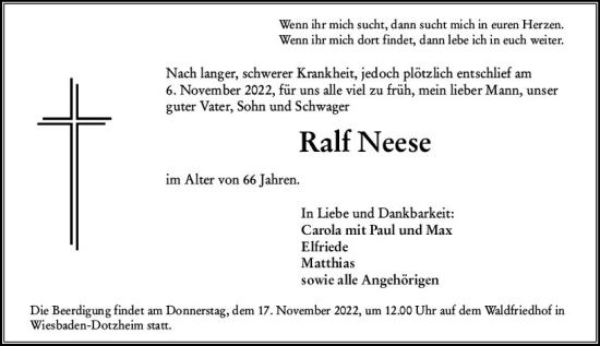 Traueranzeige von Ralf Neese von vrm-trauer Wiesbadener Kurier