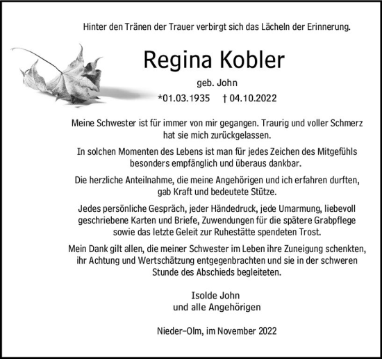 Traueranzeige von Regina Kobler von vrm-trauer AZ Mainz