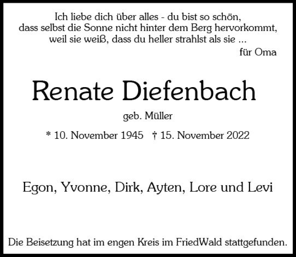  Traueranzeige für Renate Diefenbach vom 26.11.2022 aus vrm-trauer Wiesbadener Kurier
