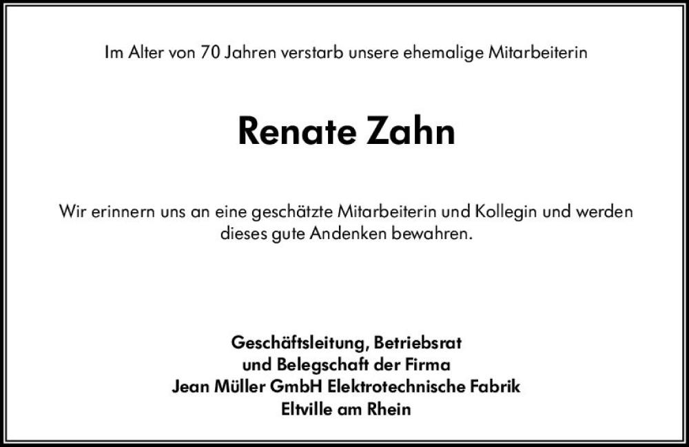  Traueranzeige für Renate Zahn vom 30.11.2022 aus vrm-trauer Rheingau