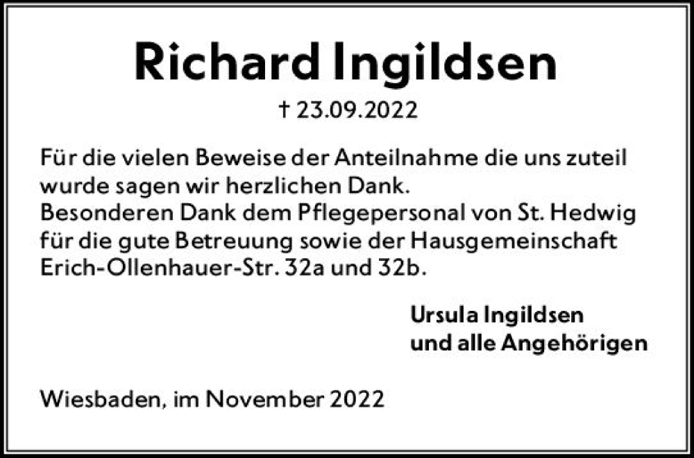  Traueranzeige für Richard Ingildsen vom 19.11.2022 aus vrm-trauer Wiesbadener Kurier