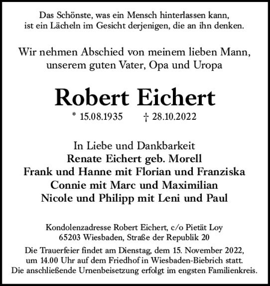  Traueranzeige für Robert Eichert vom 12.11.2022 aus vrm-trauer Wiesbadener Kurier