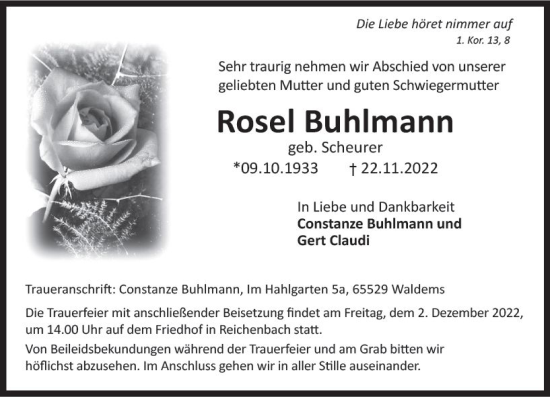 Traueranzeige von Rosel Buhlmann von vrm-trauer Idsteiner Zeitung
