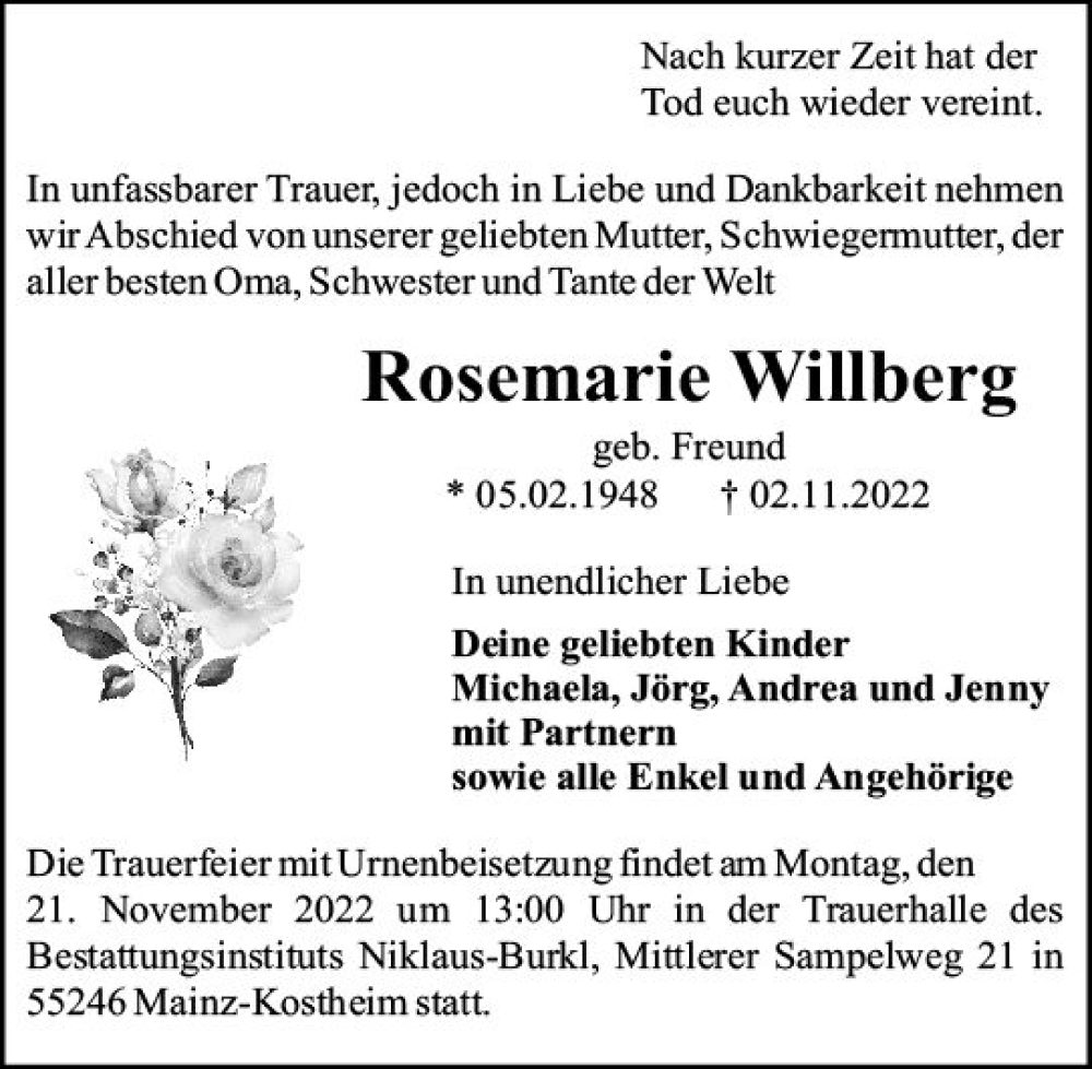  Traueranzeige für Rosemarie Willberg vom 16.11.2022 aus vrm-trauer AZ Mainz