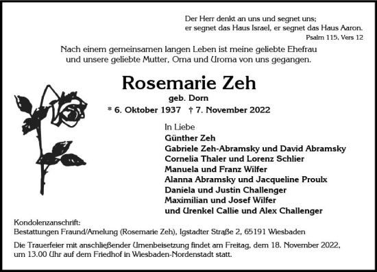 Traueranzeige von Rosemarie Zeh von vrm-trauer Wiesbadener Kurier