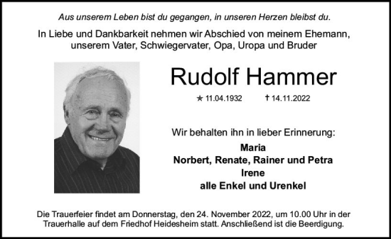 Traueranzeige von Rudolf Hammer von vrm-trauer AZ Mainz