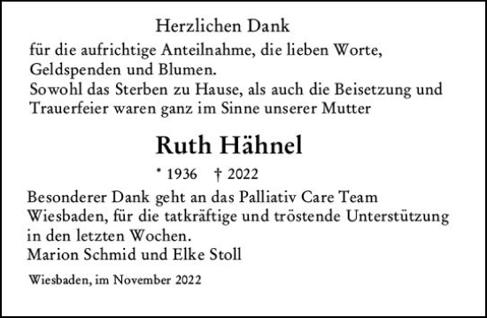 Traueranzeige von Ruth Hähnel von vrm-trauer Wiesbadener Kurier