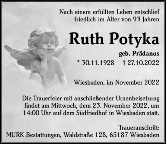 Traueranzeige von Ruth Potyka von vrm-trauer Wiesbadener Kurier