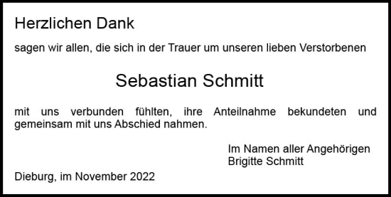 Traueranzeige von Sebastian Schmitt von vrm-trauer DieburgerAnzeiger/Groß-Zimmerner Lokala