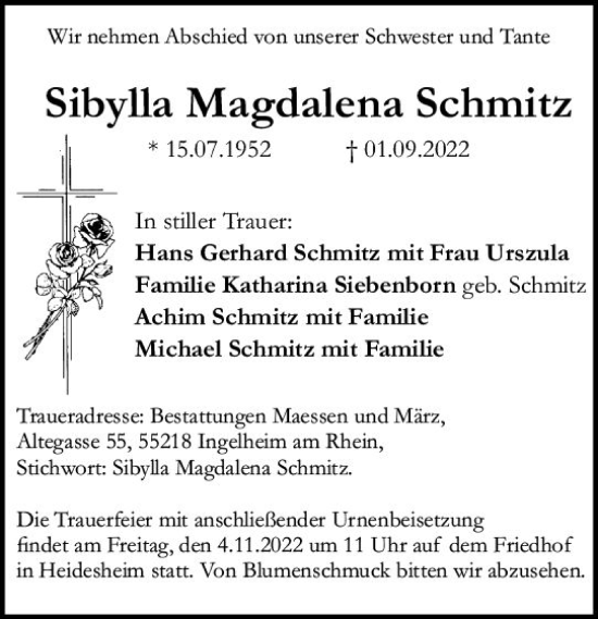 Traueranzeige von Sibylla Magdalena Schmitz von vrm-trauer Allgemeine  Zeitung Ingelheim-Bingen