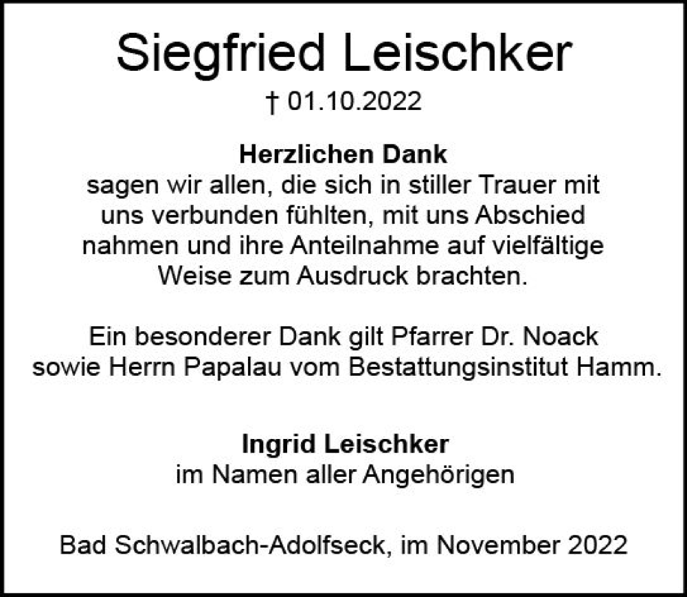  Traueranzeige für Siegfried Leischker vom 05.11.2022 aus vrm-trauer Wiesbadener Kurier