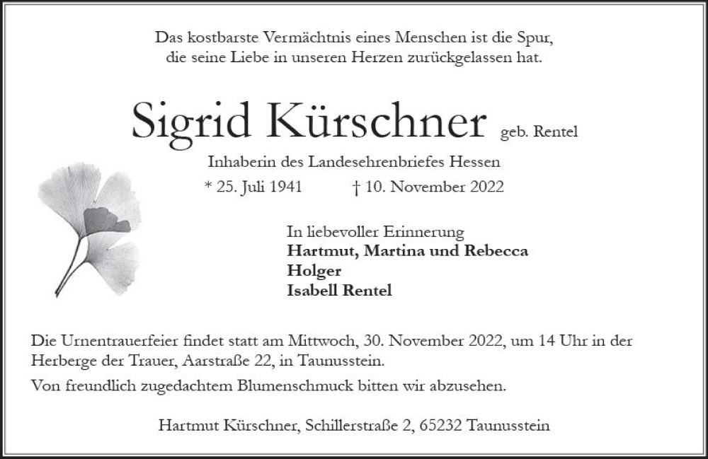  Traueranzeige für Sigrid Kürschner vom 19.11.2022 aus vrm-trauer Wiesbadener Kurier