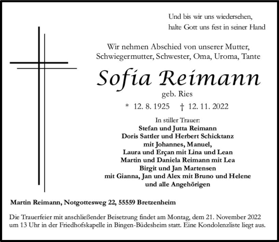 Traueranzeige von Sofia Reimann von vrm-trauer Allgemeine  Zeitung Ingelheim-Bingen