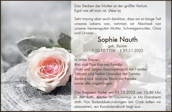 Traueranzeige von Sophie Nauth von vrm-trauer AZ Mainz