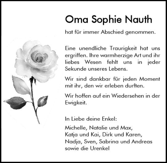 Traueranzeige von Sophie Nauth von vrm-trauer AZ Mainz