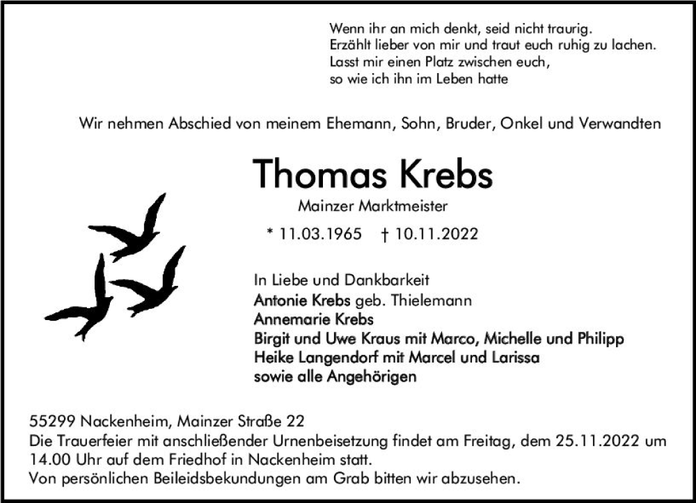  Traueranzeige für Thomas Krebs vom 21.11.2022 aus vrm-trauer AZ Mainz