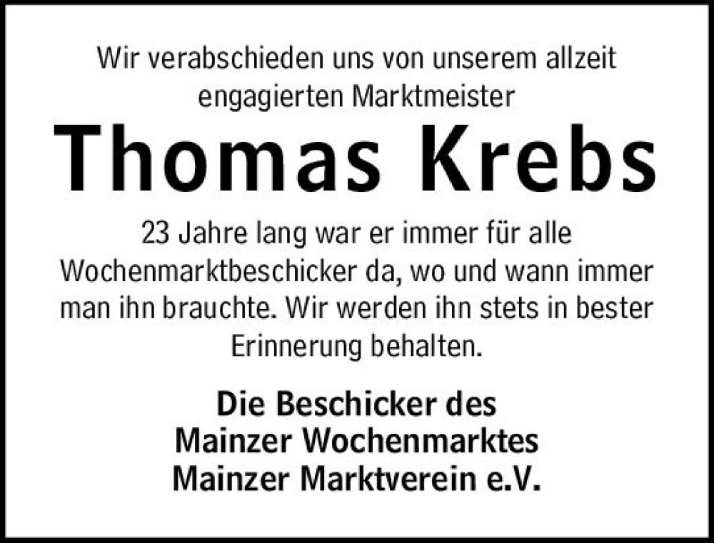  Traueranzeige für Thomas Krebs vom 26.11.2022 aus vrm-trauer AZ Mainz