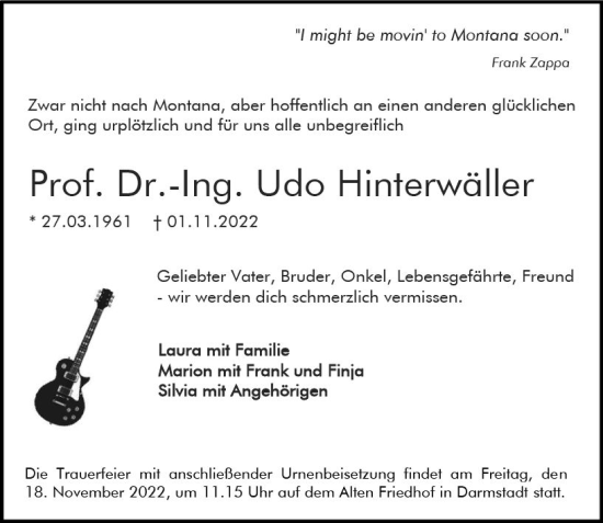 Traueranzeige von Udo Hinterwäller von vrm-trauer Darmstädter Echo