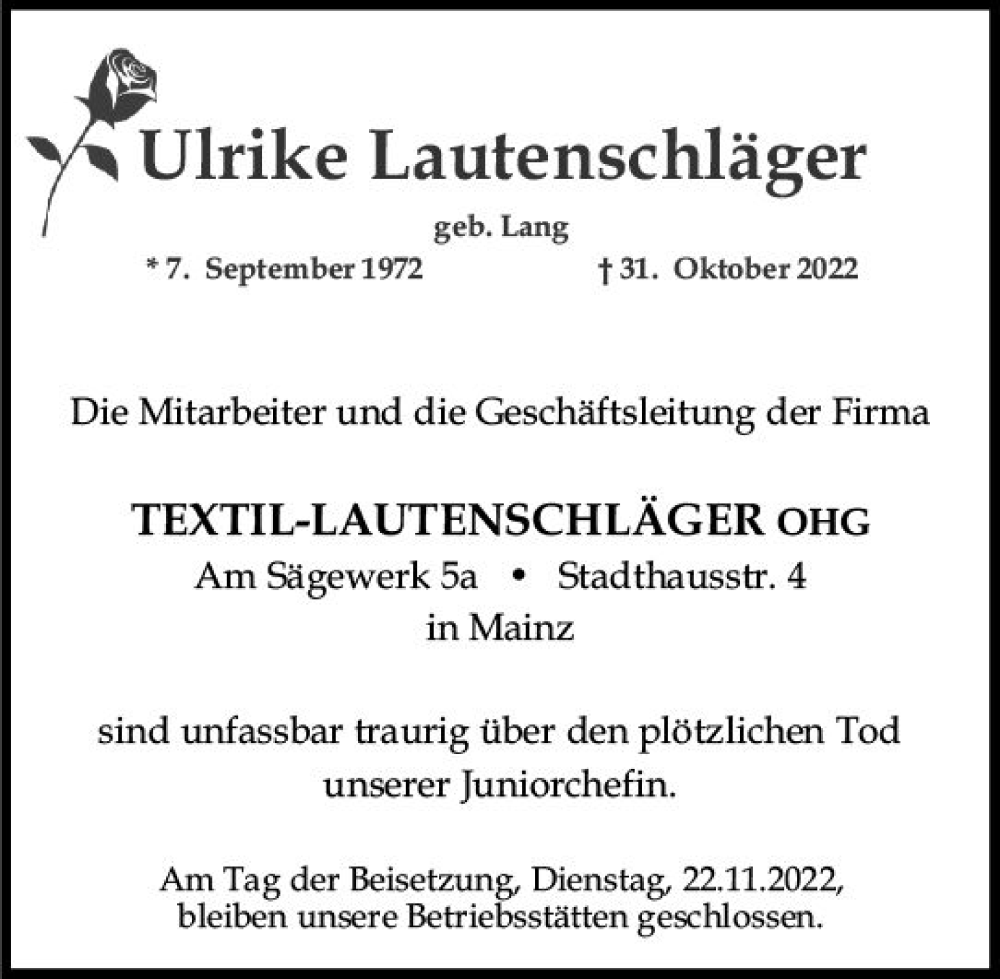  Traueranzeige für Ulrike Lautenschläger vom 12.11.2022 aus vrm-trauer AZ Mainz