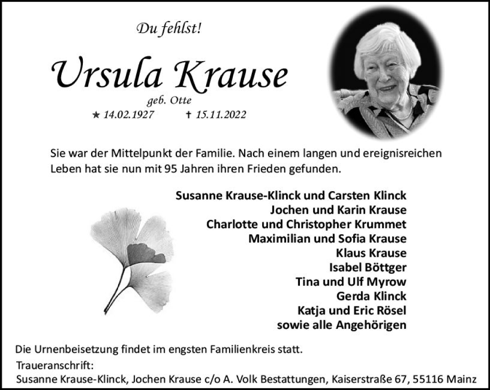  Traueranzeige für Ursula Krause vom 26.11.2022 aus vrm-trauer AZ Mainz
