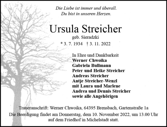 Traueranzeige von Ursula Streicher von vrm-trauer Odenwälder Echo