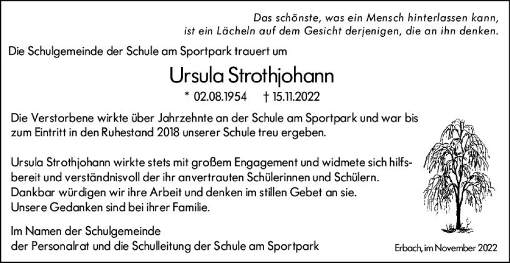  Traueranzeige für Ursula Strothjohann vom 23.11.2022 aus vrm-trauer Odenwälder Echo