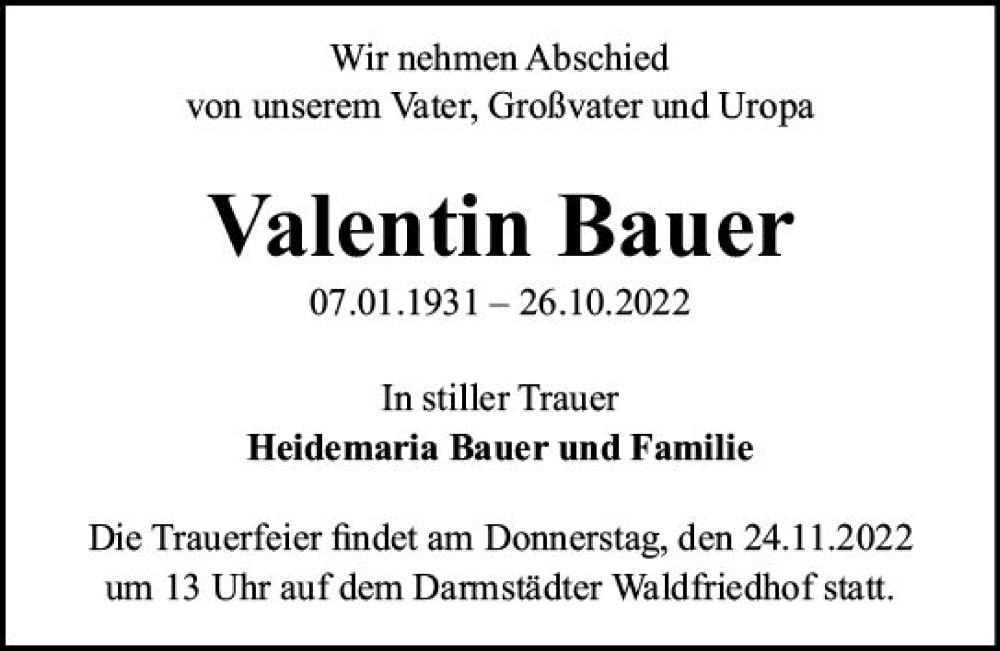  Traueranzeige für Valentin Bauer vom 19.11.2022 aus vrm-trauer Darmstädter Echo